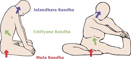 Texte de remplacement généré par une machine : Ja!andhara Bandha
Uddiyana BanrTha
Mula Brndha